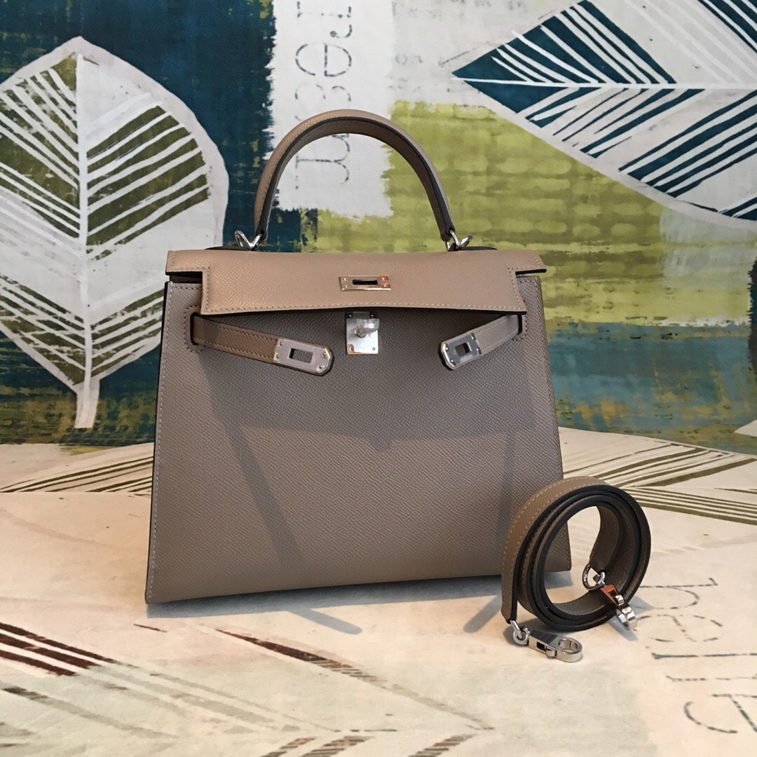 H**me5 Kelly 25 Sellier Epsom Gris Asphalt Bag For Women Silver Toned Hardware, Women’s Handbags, Shoulder Bags 10in/25cm