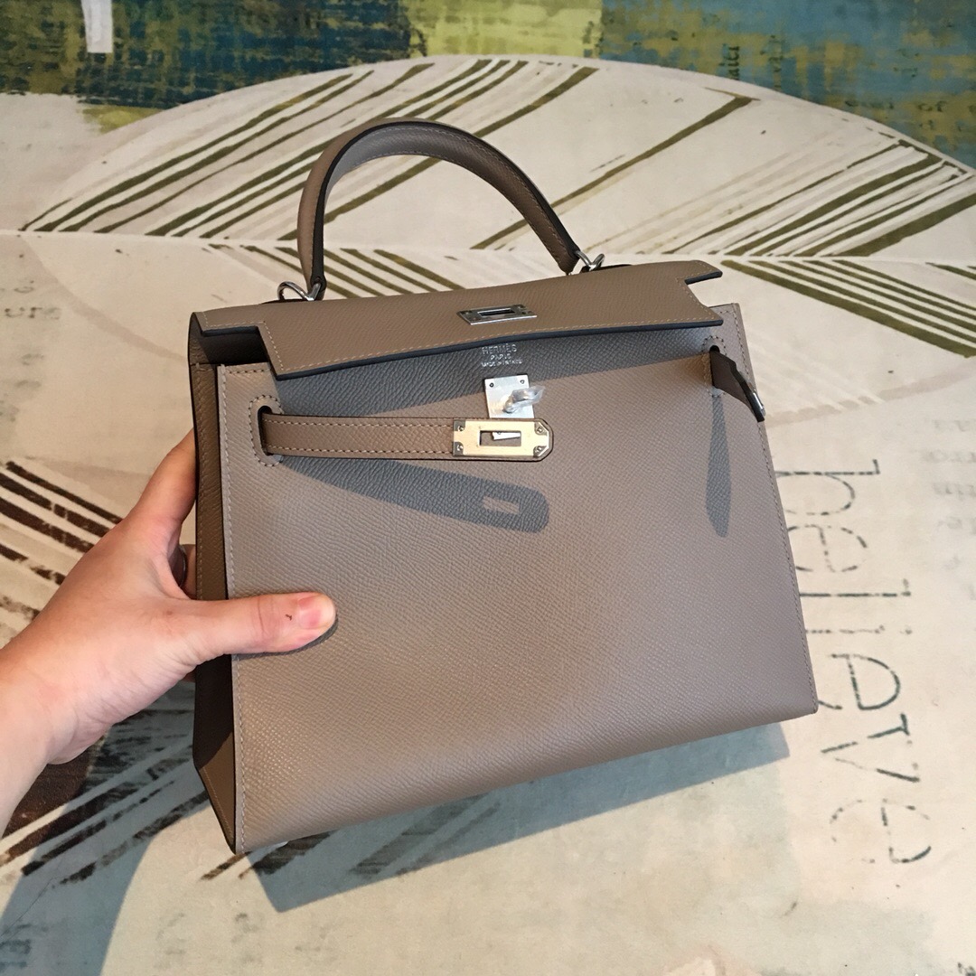 H**me5 Kelly 25 Sellier Epsom Gris Asphalt Bag For Women Silver Toned Hardware, Women’s Handbags, Shoulder Bags 10in/25cm