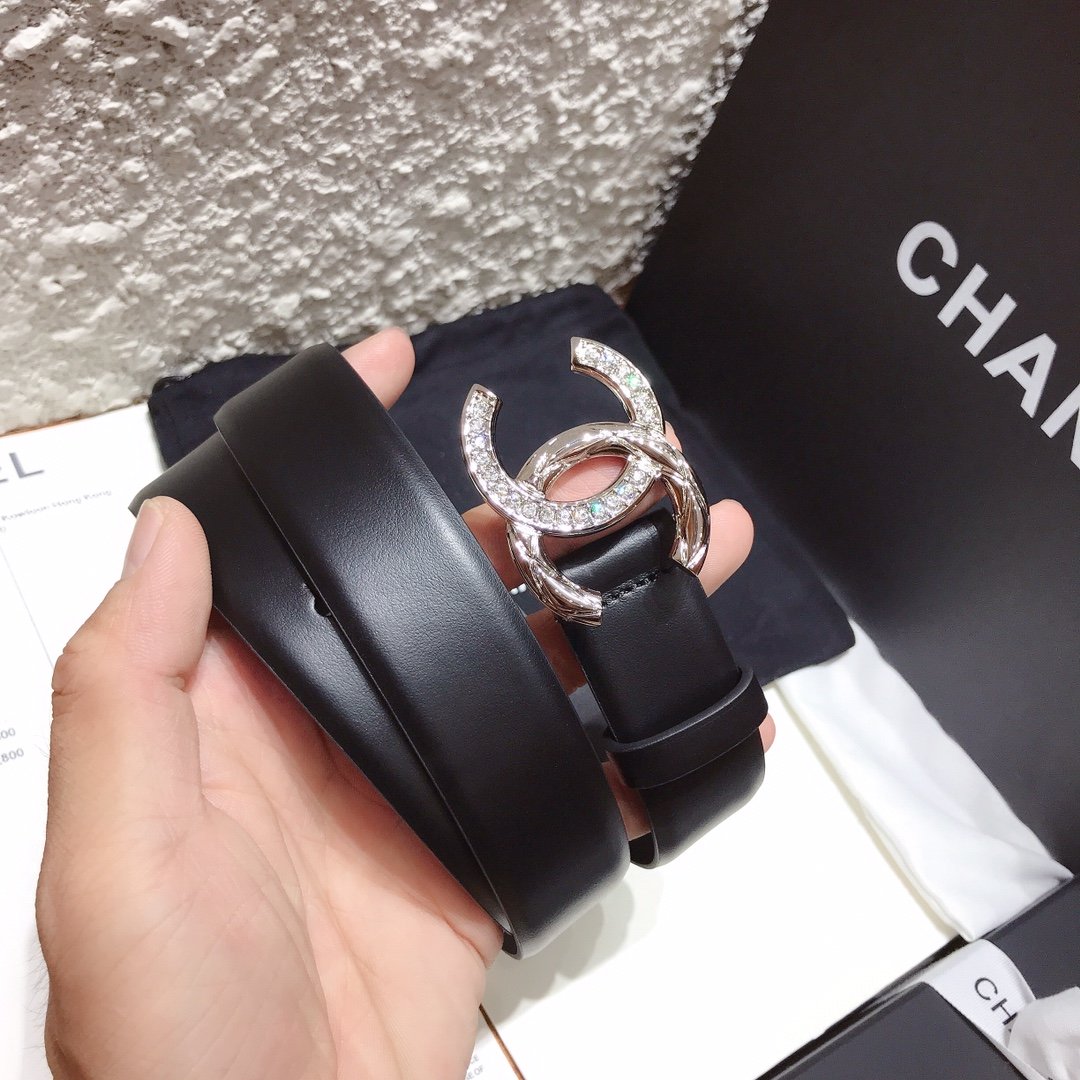 Ch**el Black Belt With Double C Buckle Silver-Toned Metal Women Belt