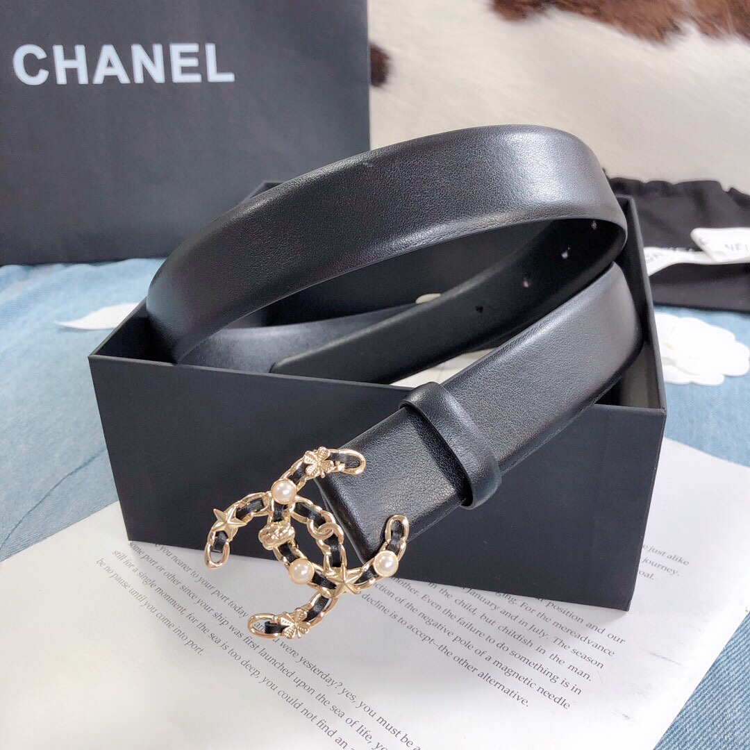 Ch**el Belt With Double C Buckle Black Gold Toned Hardware Women Belt