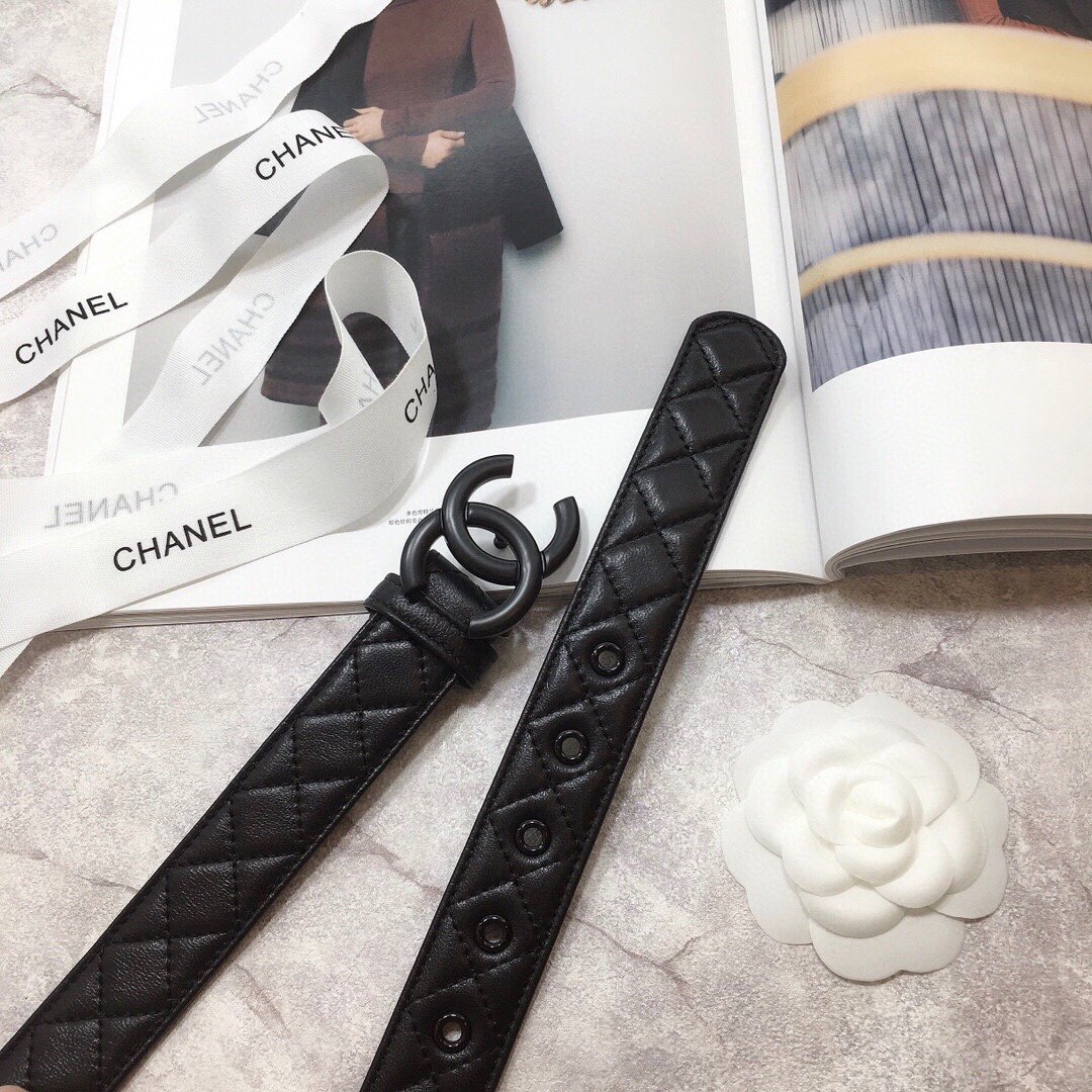 Ch**el Belt Quilted With Double C Buckle Black With Black Hardware Women Belt