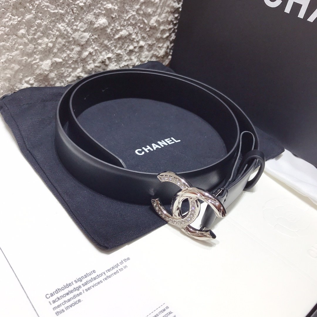 Ch**el Black Belt With Double C Buckle Silver-Toned Metal Women Belt