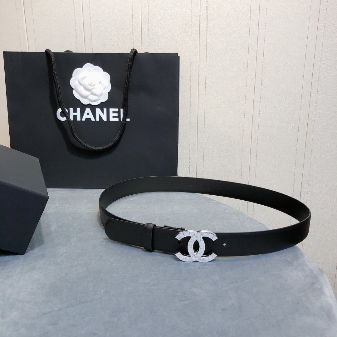 Ch**el Belt With Double C Buckle Black With Full Silver Hardware Women Belt