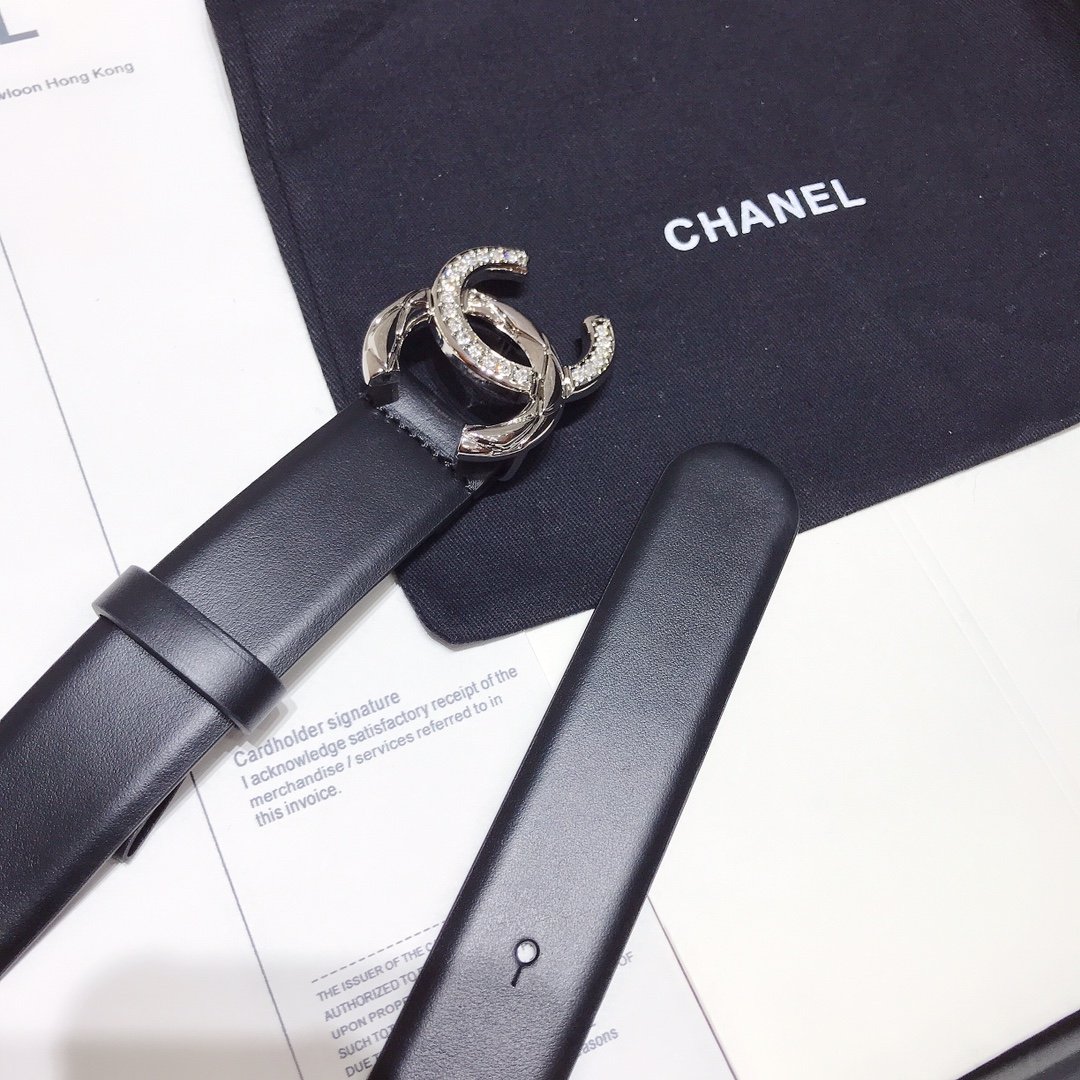 Ch**el Black Belt With Double C Buckle Silver-Toned Metal Women Belt