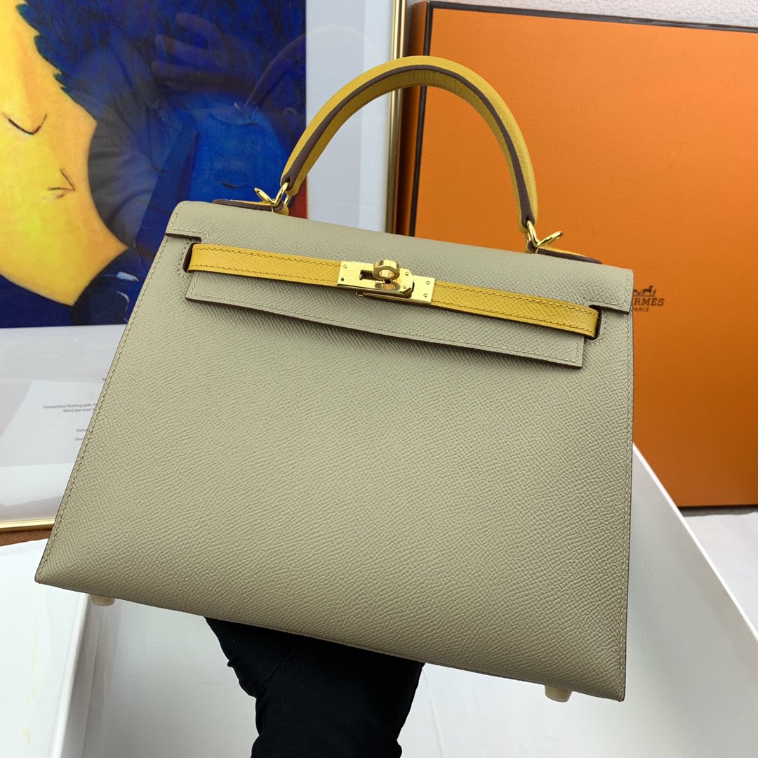 H**me5 Kelly 25 Sellier Epsom Greige/Yellow Bag For Women, Women’s Handbags, Shoulder Bags 10in/25cm