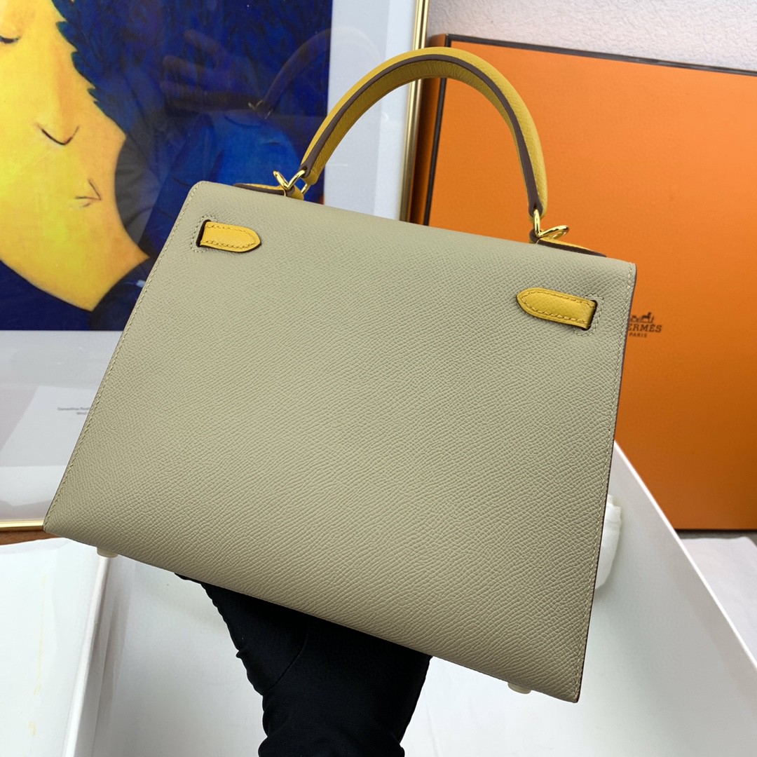 H**me5 Kelly 25 Sellier Epsom Greige/Yellow Bag For Women, Women’s Handbags, Shoulder Bags 10in/25cm