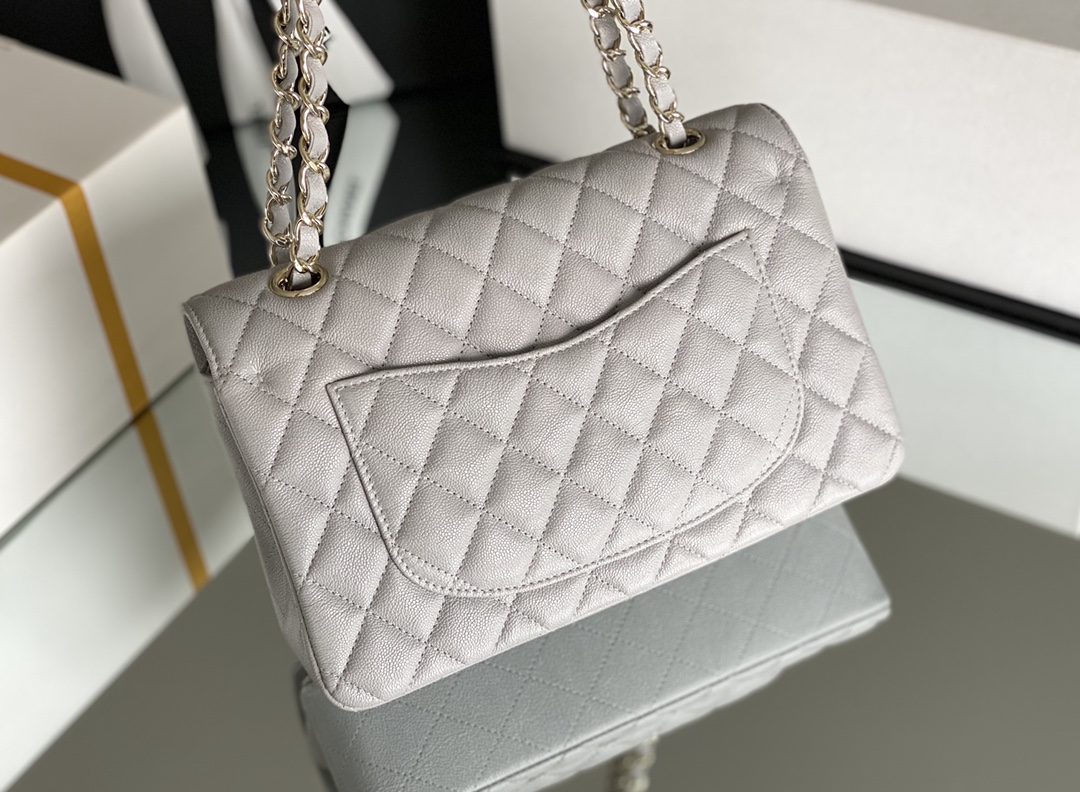 Ch**el Classic Handbag 26cm Grey GOLD Hardware For Women A01112