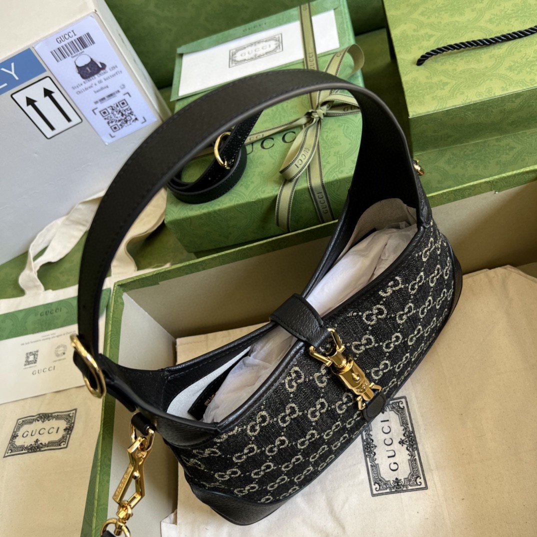 Gvc*1 Jackie 1961 Small Shoulder Bag Black And Ivory GG Denim Jacquard For Women 11in/28cm 678843 UN3AG 1294