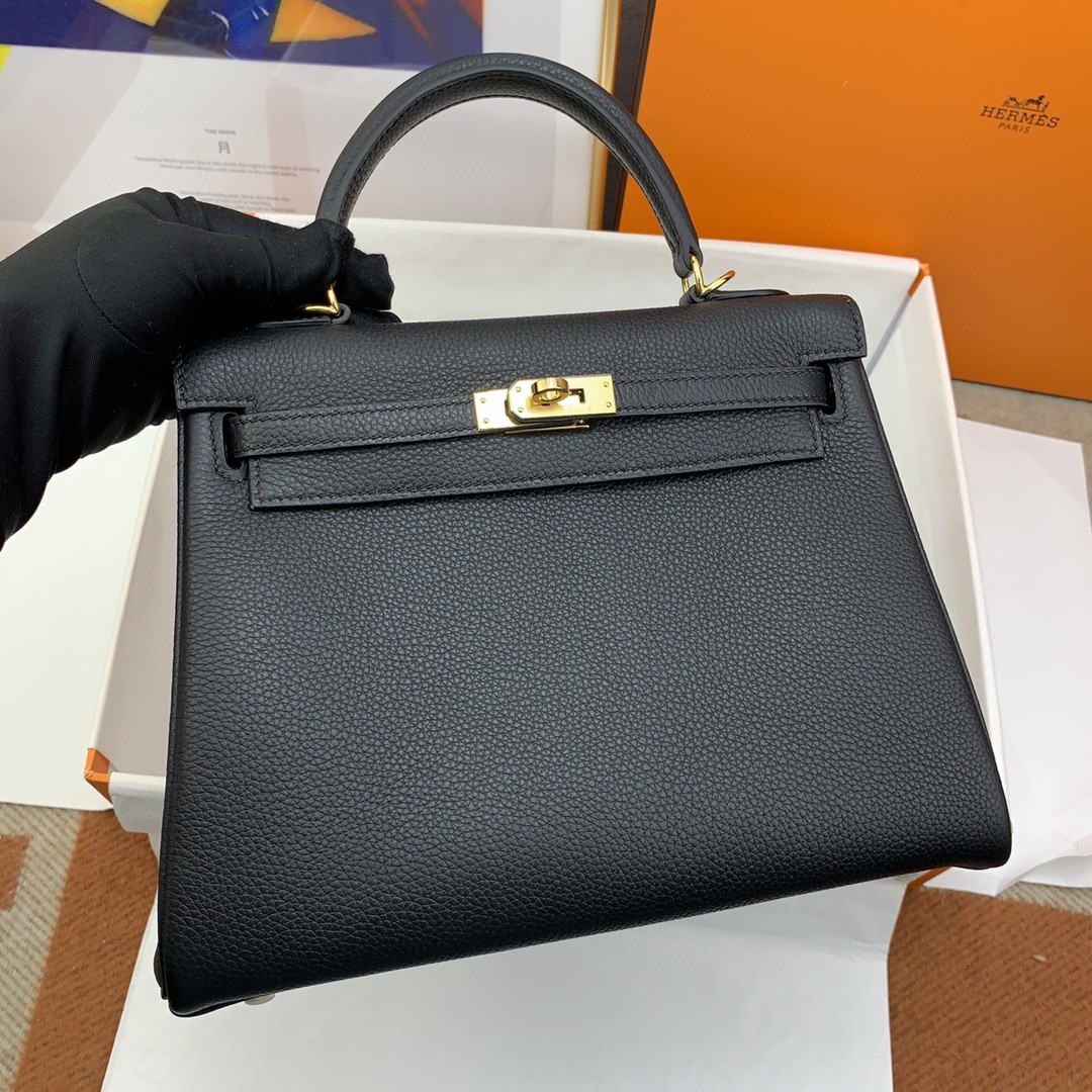 H**me5 Kelly 25 Retourne Togo Black Bag For Women, Women’s Handbags, Shoulder Bags 10in/25cm