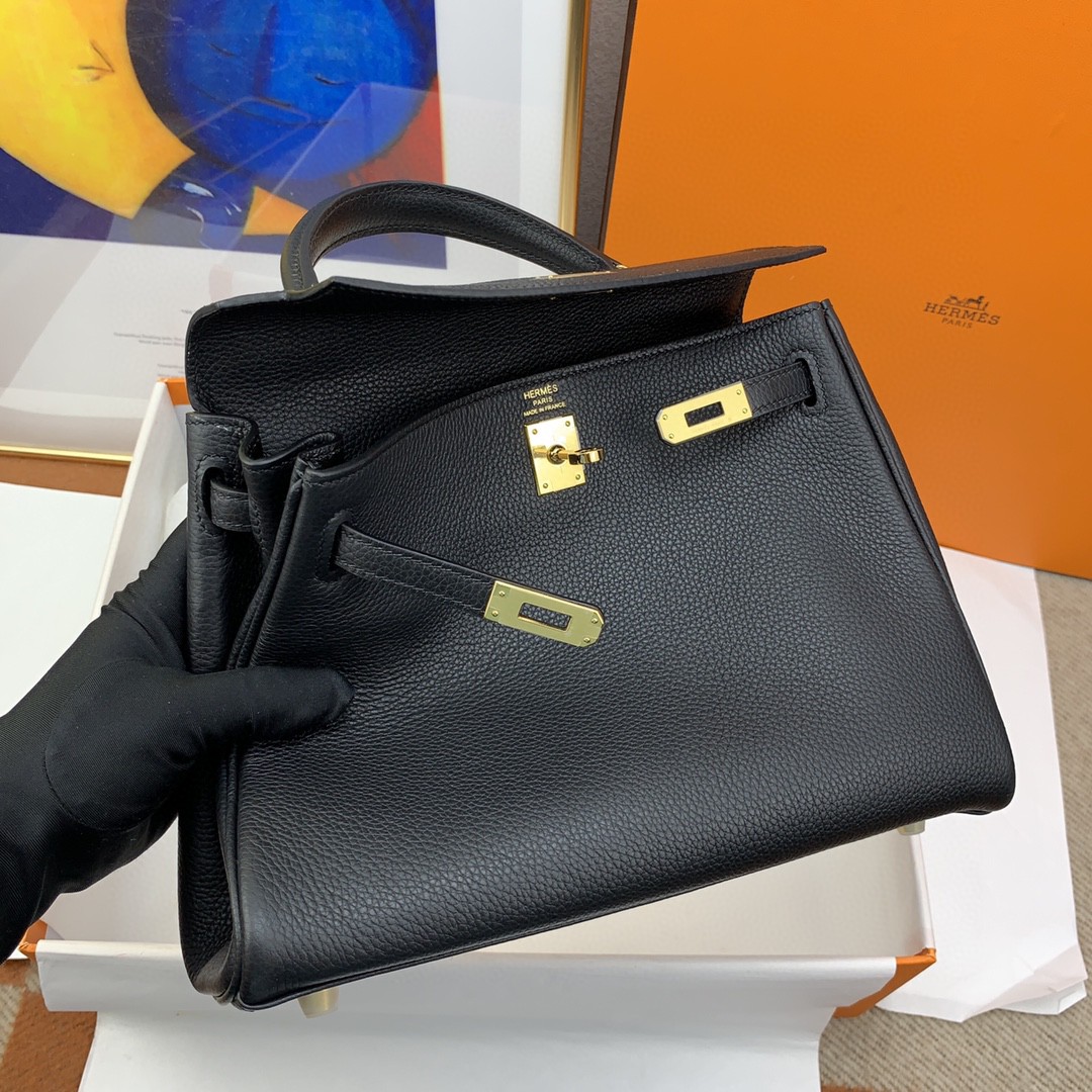 H**me5 Kelly 25 Retourne Togo Black Bag For Women, Women’s Handbags, Shoulder Bags 10in/25cm