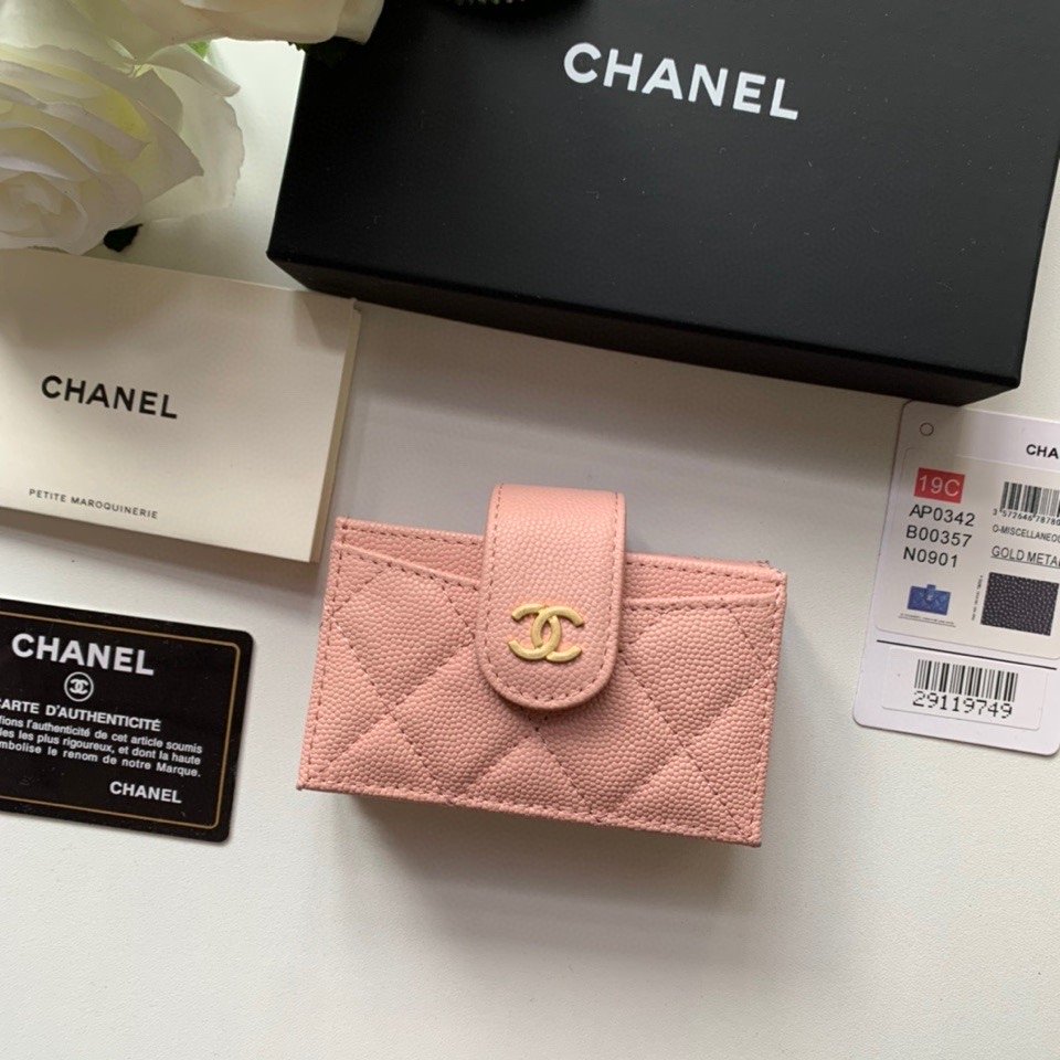 Ch**el CO-CO Card Holder Wallet Pink Gold Toned Hardware For Women 10cm/4in