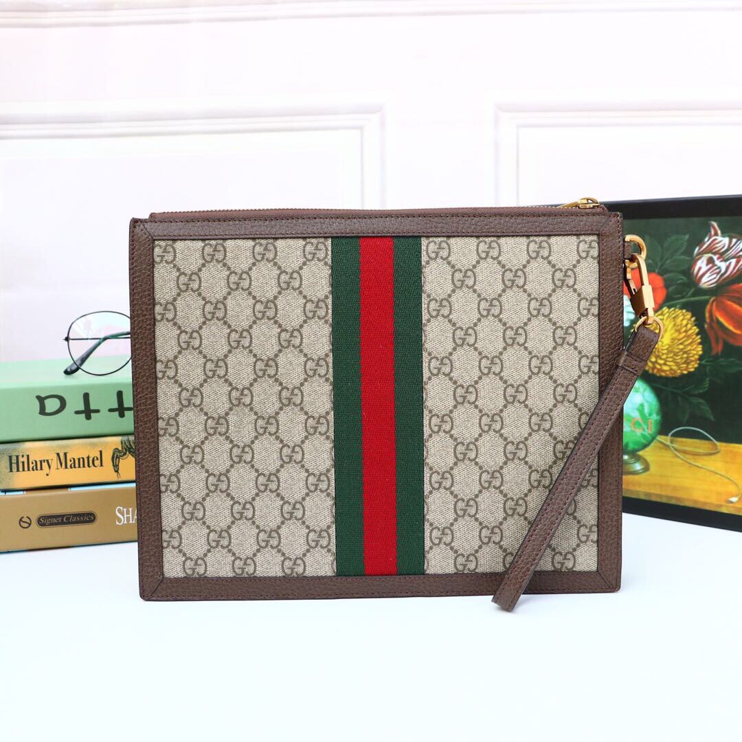 Gvc*1 Ophidia Pouch With Web Beige And Ebony GG Svp*me Canvas For Men 9in/24cm GG ‎672989 96IWT 8745