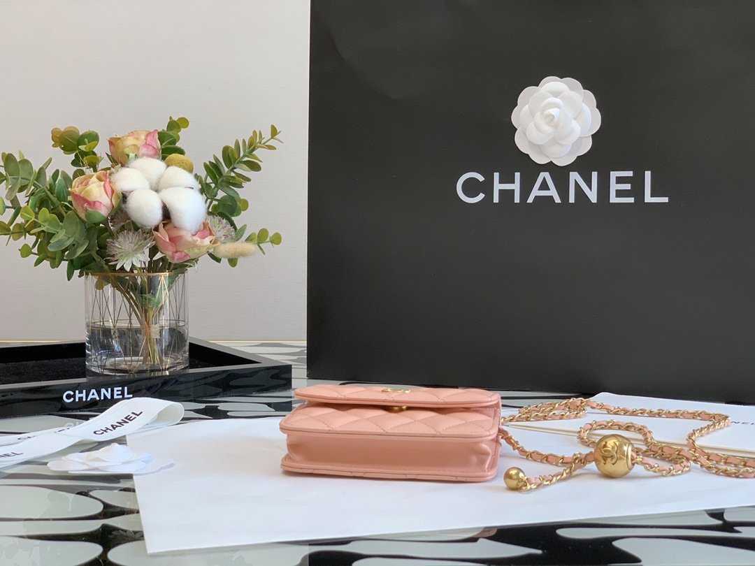 Ch**el CO-CO Wallet On Chain 10cm/3.9in Gold Hardware For Women Pink