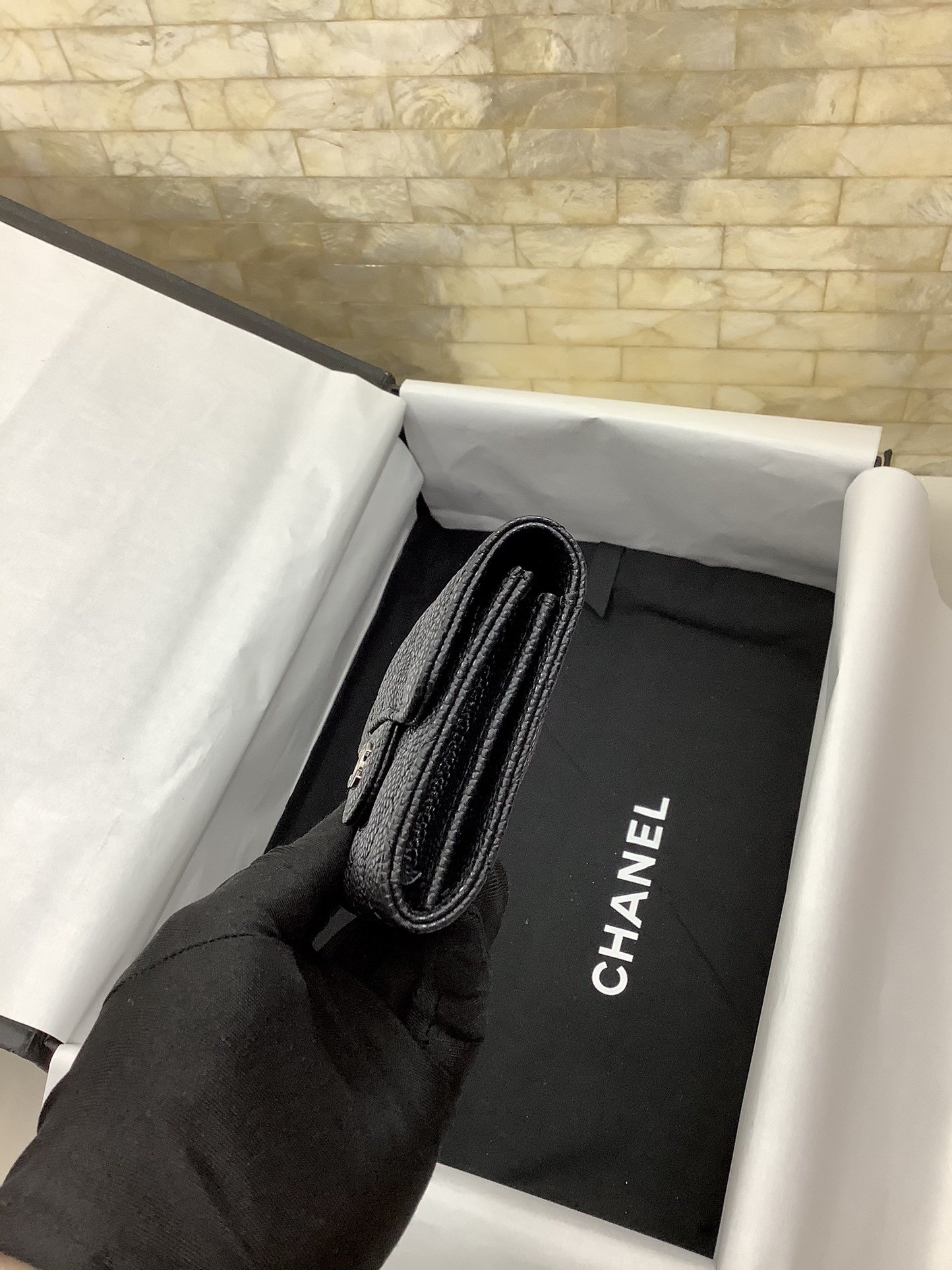 Ch**el CO-CO Classic Card Holder 11cm/4.4in Silver Hardware For Women Black AP0214 Y01480 C3906