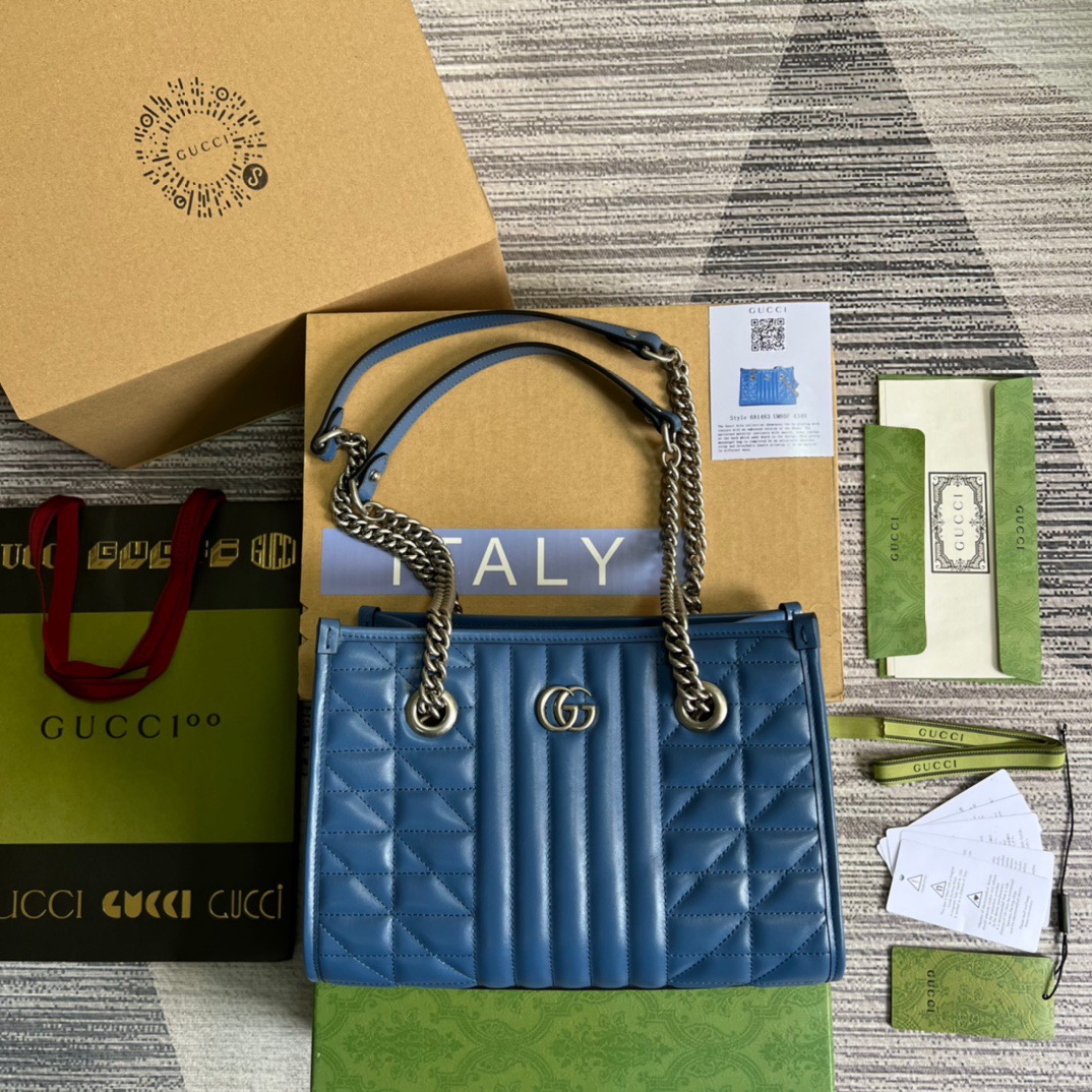 [True-to-ORIGINAL] Gvc*1 Marmont Small Matelasse Tote Blue For Women, Women’s Bags 26.5 in/10.4cm GG ‎‎675796 UM8BF 4340
