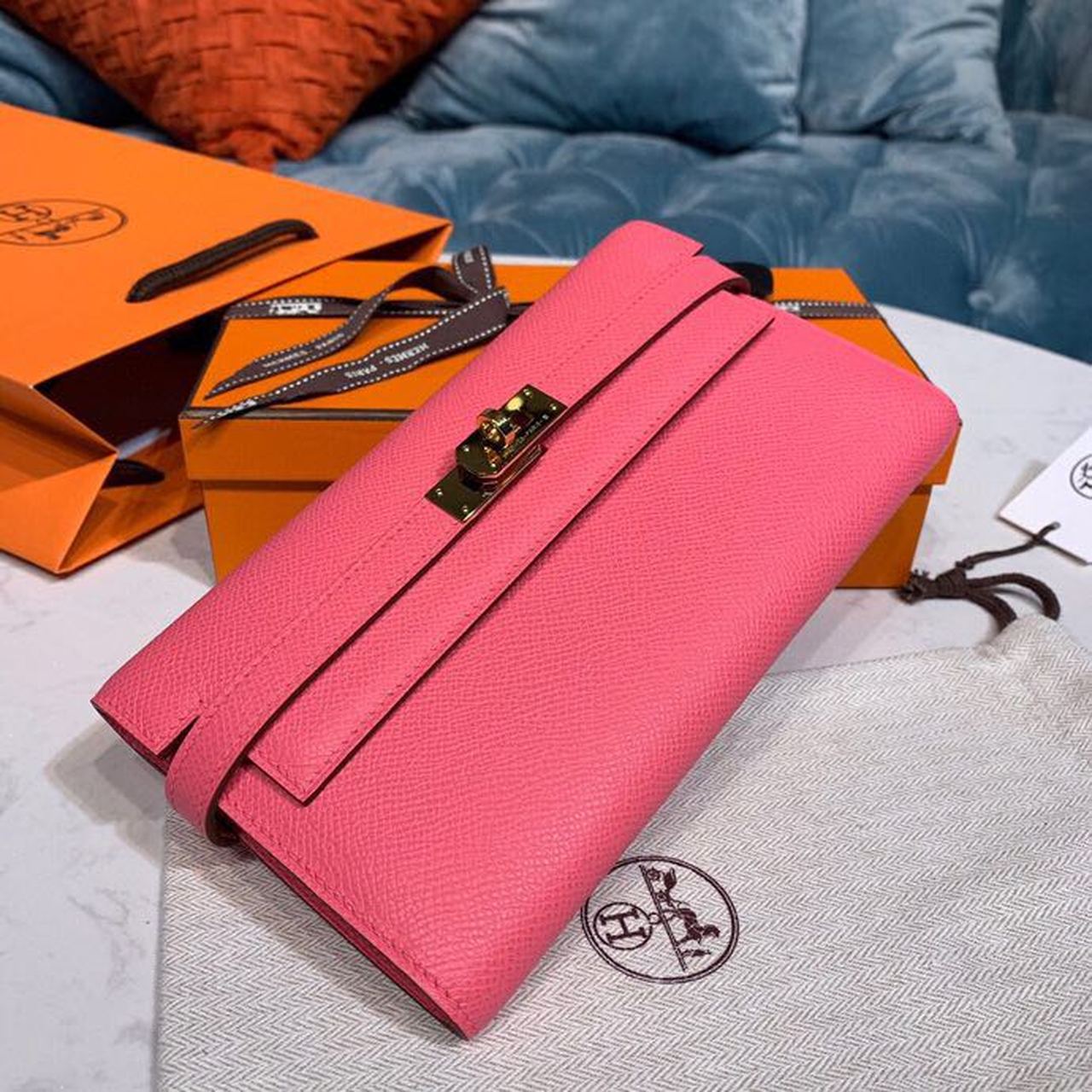 H**me5 Kelly Wallet To Go Woc Pink With Gold Toned Hardware Bag For Women 8.2in/21cm