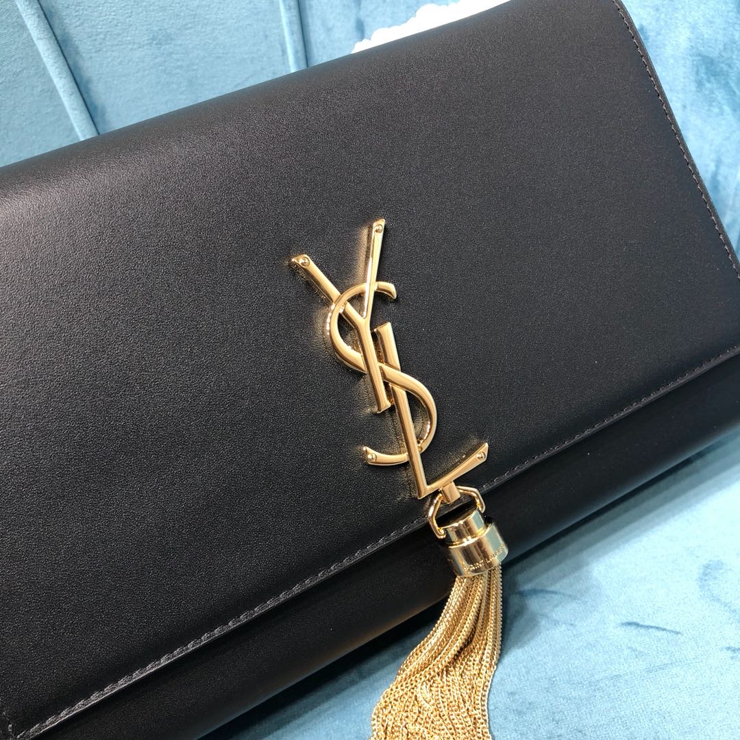 Sa1nt Lau*nt Kate Medium Chain Bag With Tassel In Grain De Poudre Black For Women 9.4in/24cm Y51 354119BOW0J1000