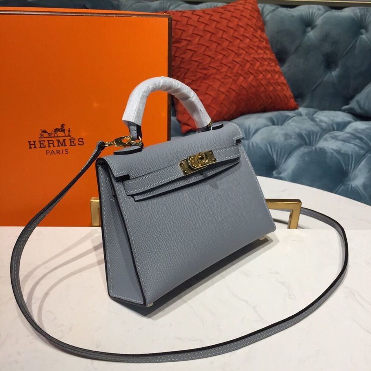 H**me5 Mini Kelly Light Blue For Women Gold Toned Hardware 7.5in/19cm