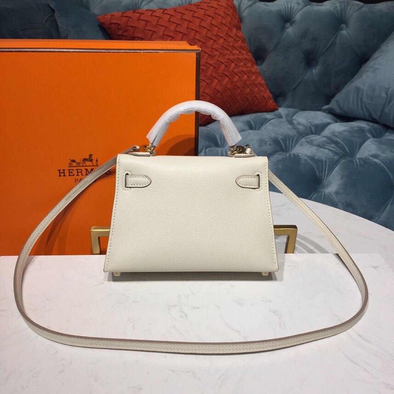 H**me5 Mini Kelly White For Women Gold Toned Hardware 7.5in/19cm