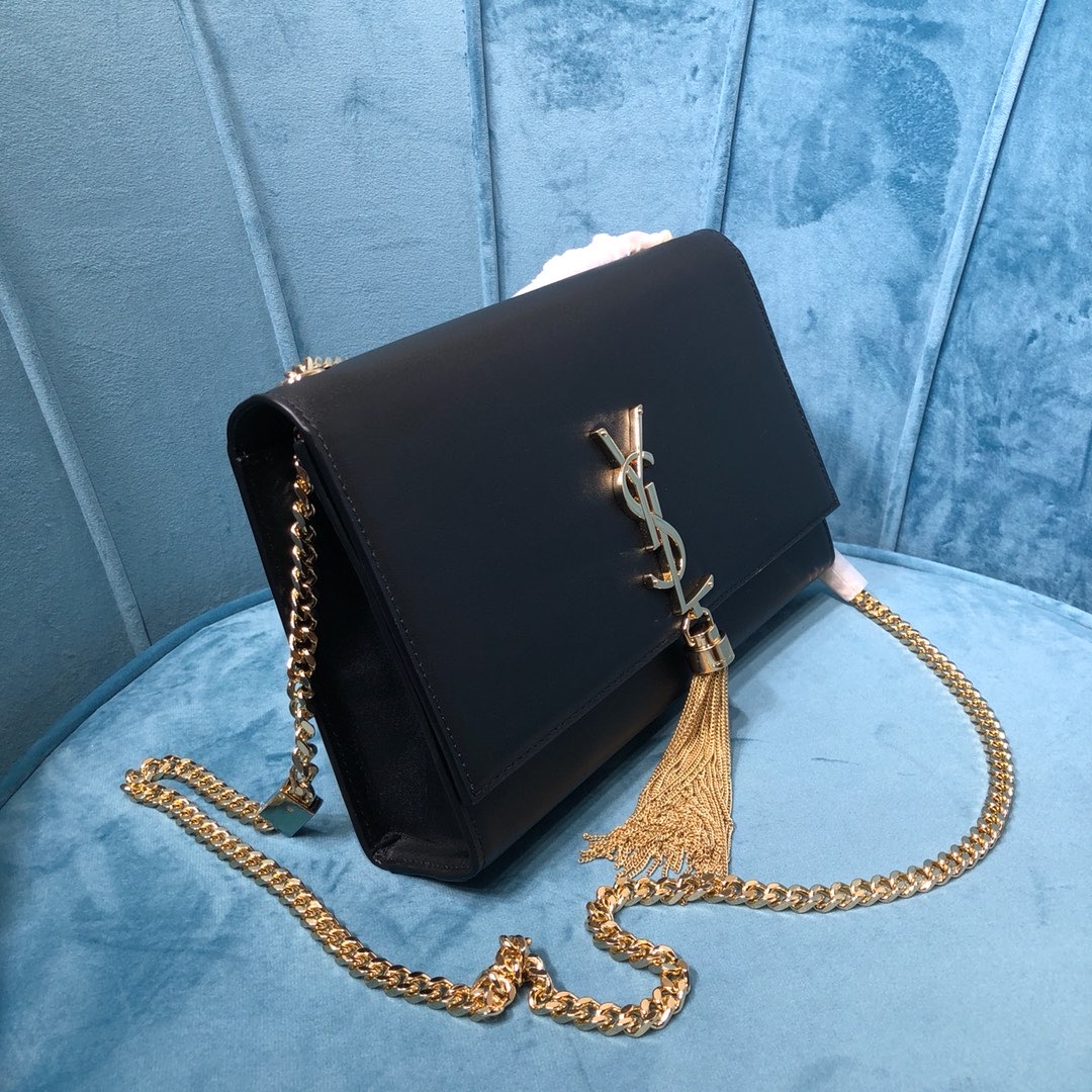 Sa1nt Lau*nt Kate Medium Chain Bag With Tassel In Grain De Poudre Black For Women 9.4in/24cm Y51 354119BOW0J1000