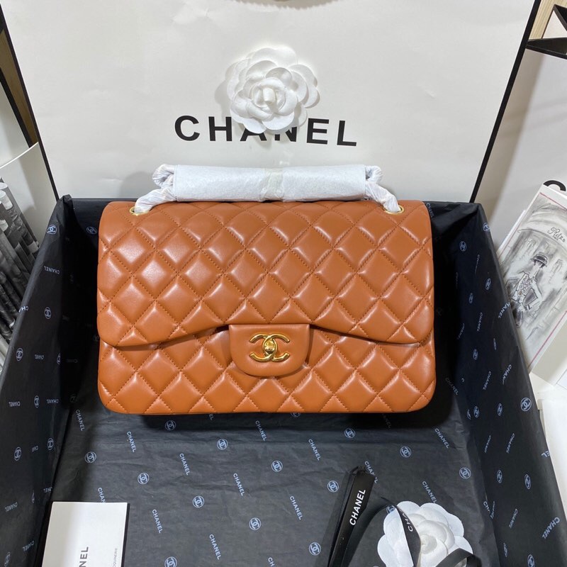 Ch**el Large Classic Handbag Gold Hardware Brown For Women, Women’s Handbags, Shoulder Bags 11.8in/30cm
