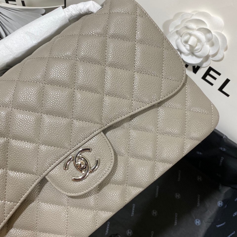 Ch**el Large Classic Handbag Silver Hardware Grey For Women, Women’s Handbags, Shoulder Bags 11.8in/30cm