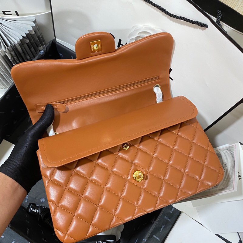 Ch**el Large Classic Handbag Gold Hardware Brown For Women, Women’s Handbags, Shoulder Bags 11.8in/30cm