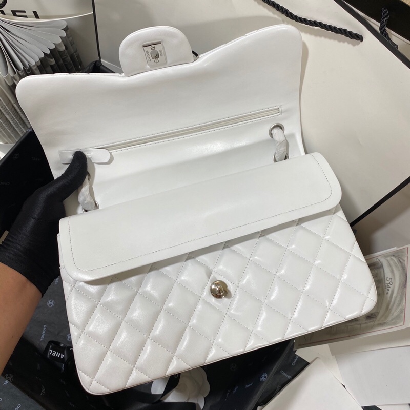Ch**el Large Classic Handbag Silver Hardware White For Women, Women’s Handbags, Shoulder Bags 11.8in/30cm
