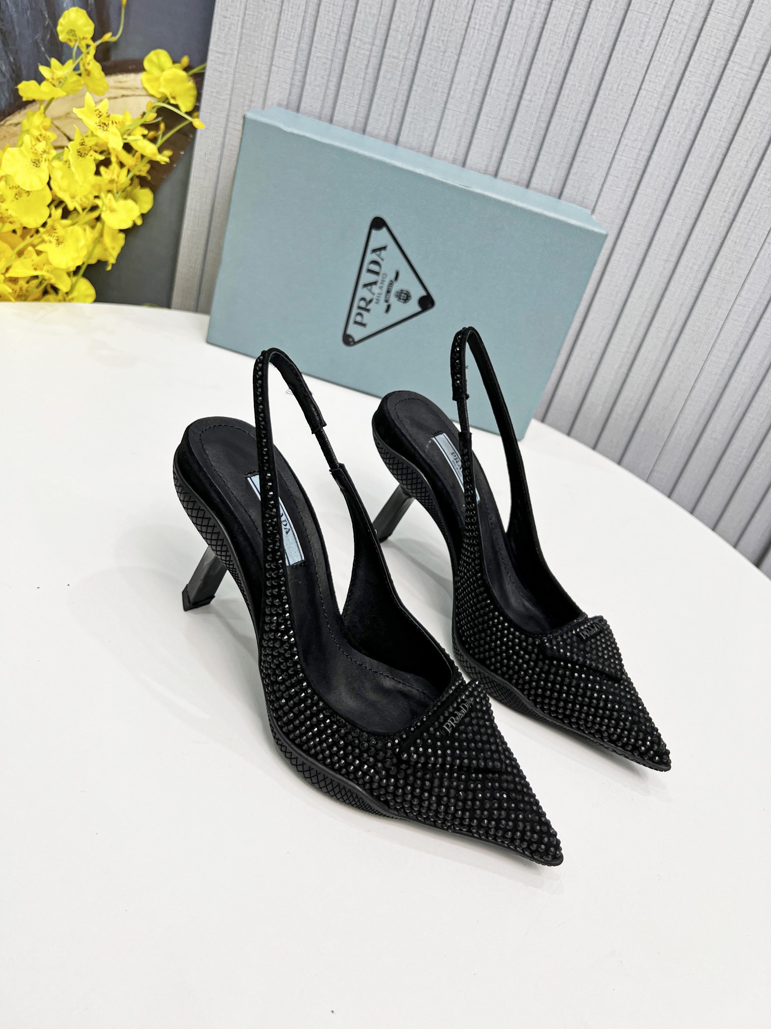Pra*a Satin Slingback Pumps With Crystals Black For Women 2.2in/55mm PRD