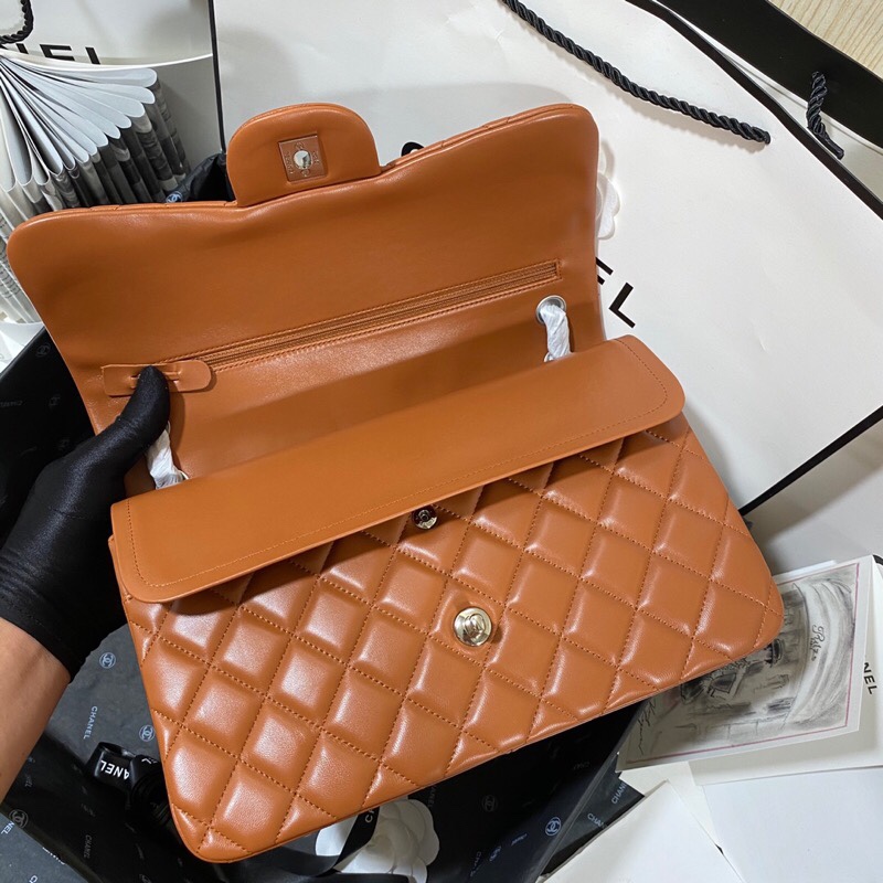 Ch**el Large Classic Handbag Silver Hardware Brown For Women, Women’s Handbags, Shoulder Bags 11.8in/30cm