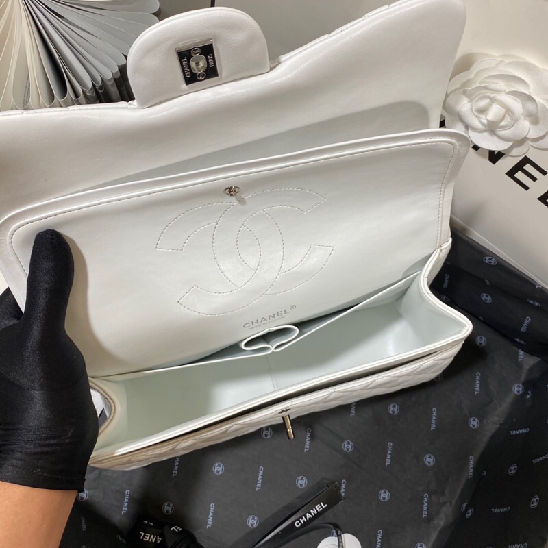 Ch**el Large Classic Handbag Silver Hardware White For Women, Women’s Handbags, Shoulder Bags 11.8in/30cm