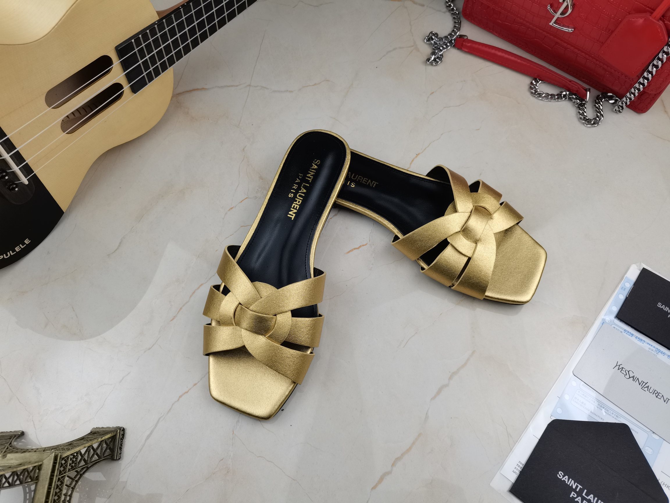 Sa1nt Lau*nt Women’s Tribute Flat Mules Gold For Women Y51