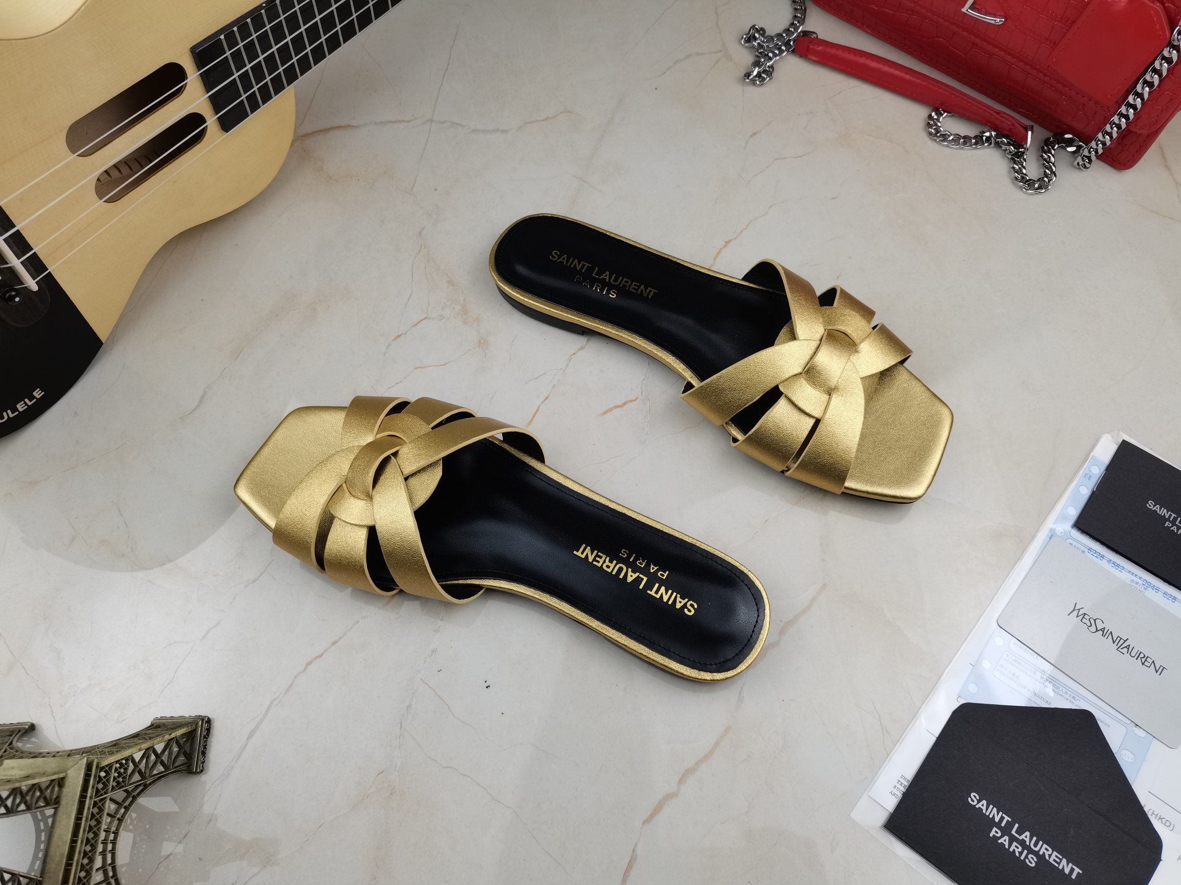 Sa1nt Lau*nt Women’s Tribute Flat Mules Gold For Women Y51