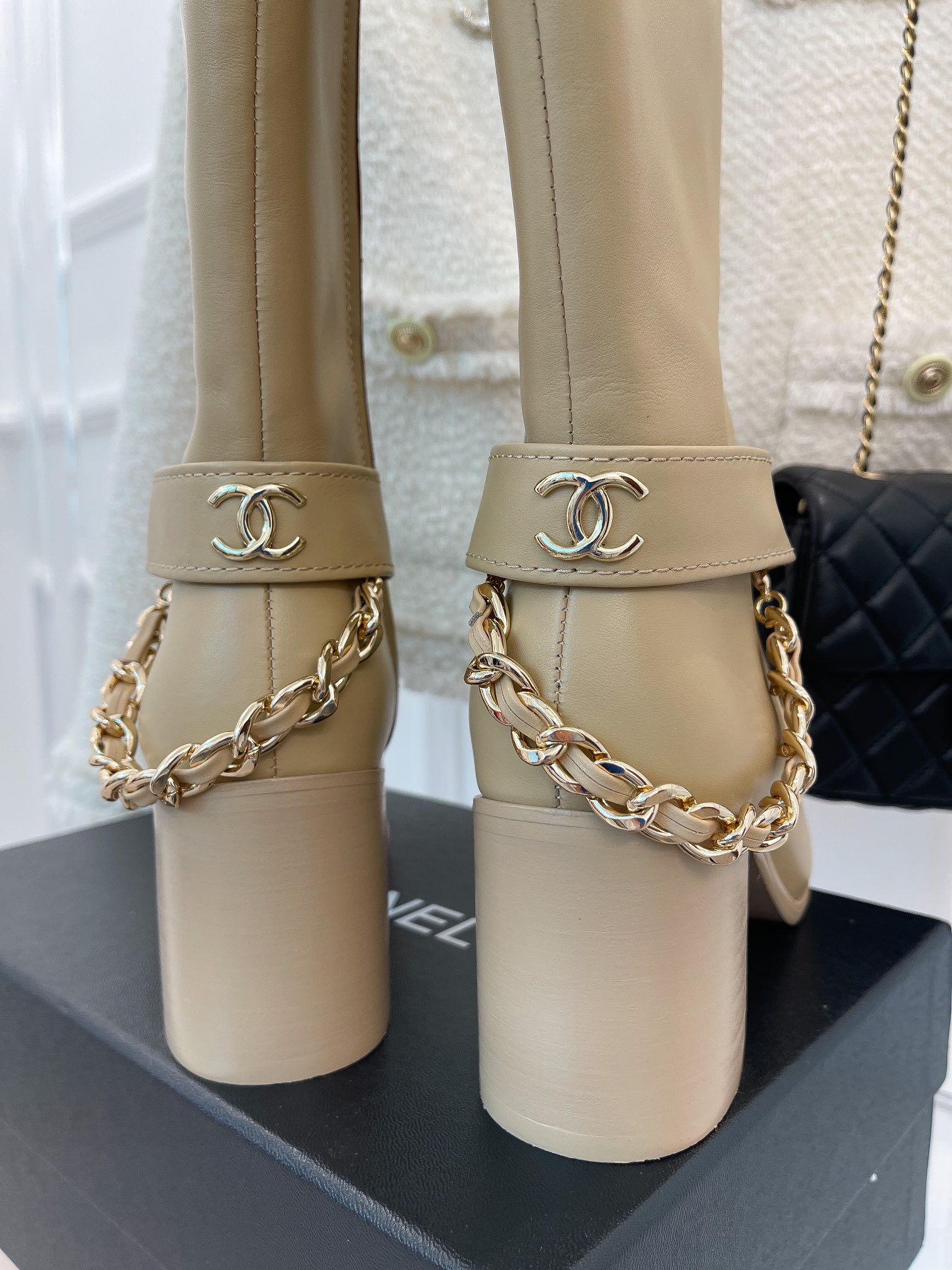 Ch**el Women’s High Boots With Chain Beige For Women 3.7in/ 9.5cm