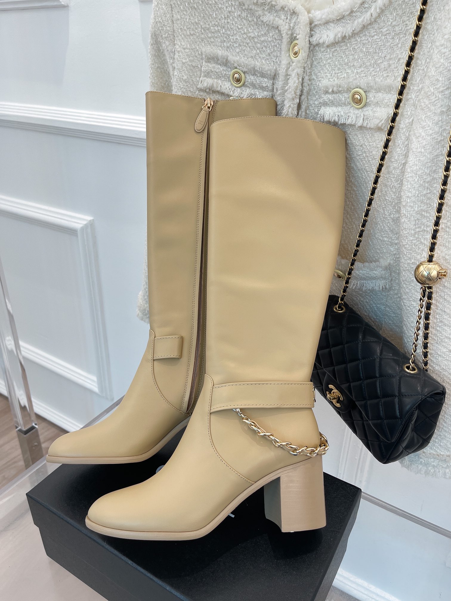 Ch**el Women’s High Boots With Chain Beige For Women 3.7in/ 9.5cm