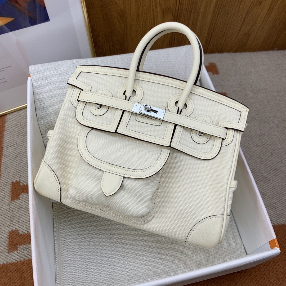 H**me5 Birkin Cargo 25 White, Silver Toned Hardware Bag For Women, Women’s Handbags, Shoulder Bags 9.8in/25cm