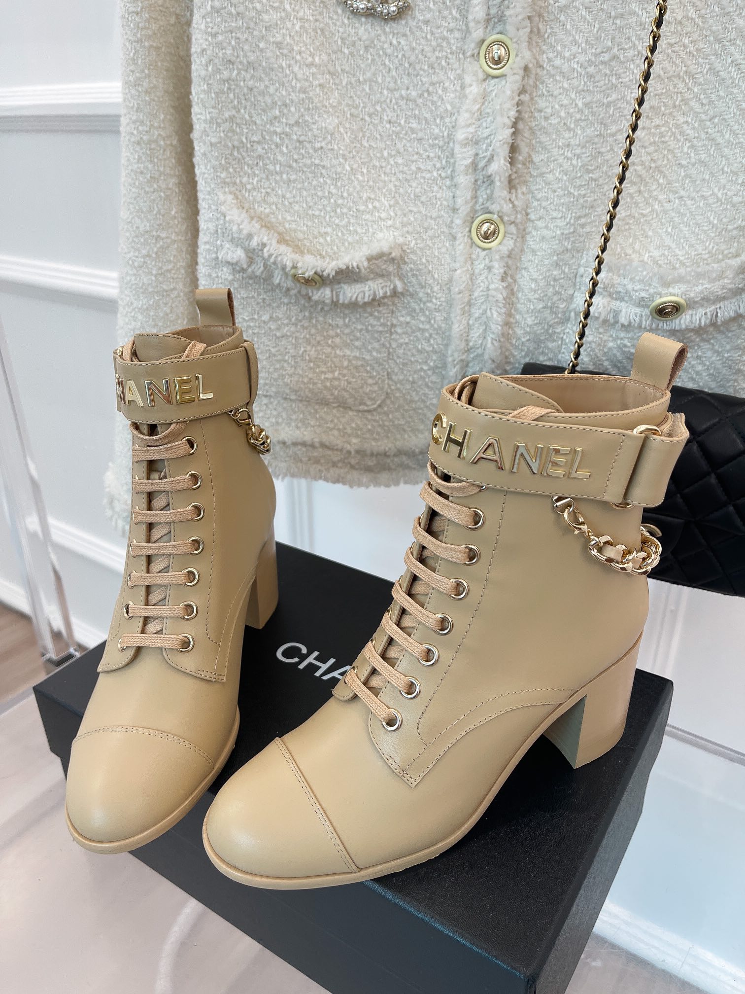 Ch**el Women’s Lace-Up With Chain Beige For Women 3.7in/9.5cm
