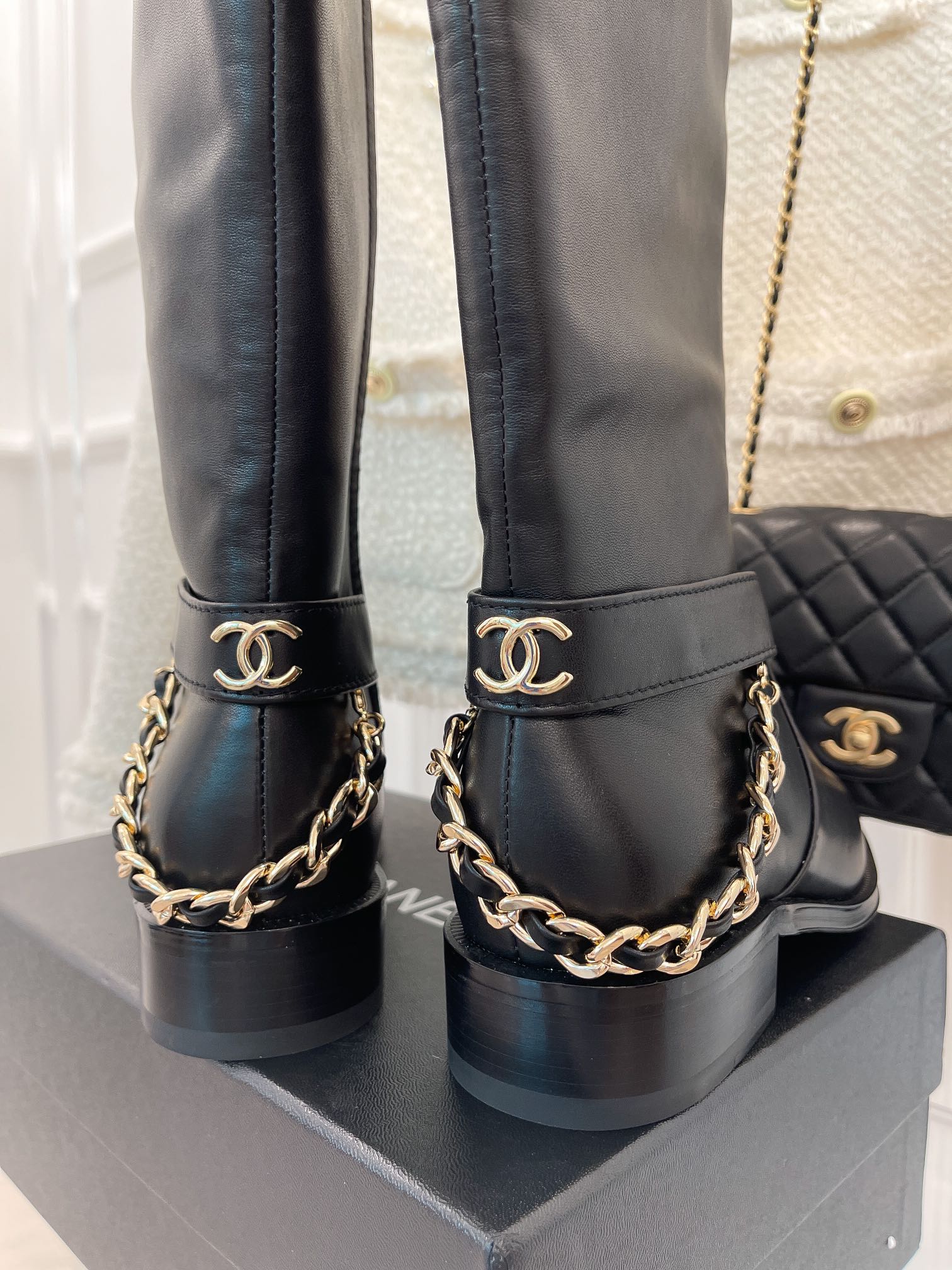 Ch**el Women’s Ankle Boots With Chain Black For Women 1.5in/ 4cm