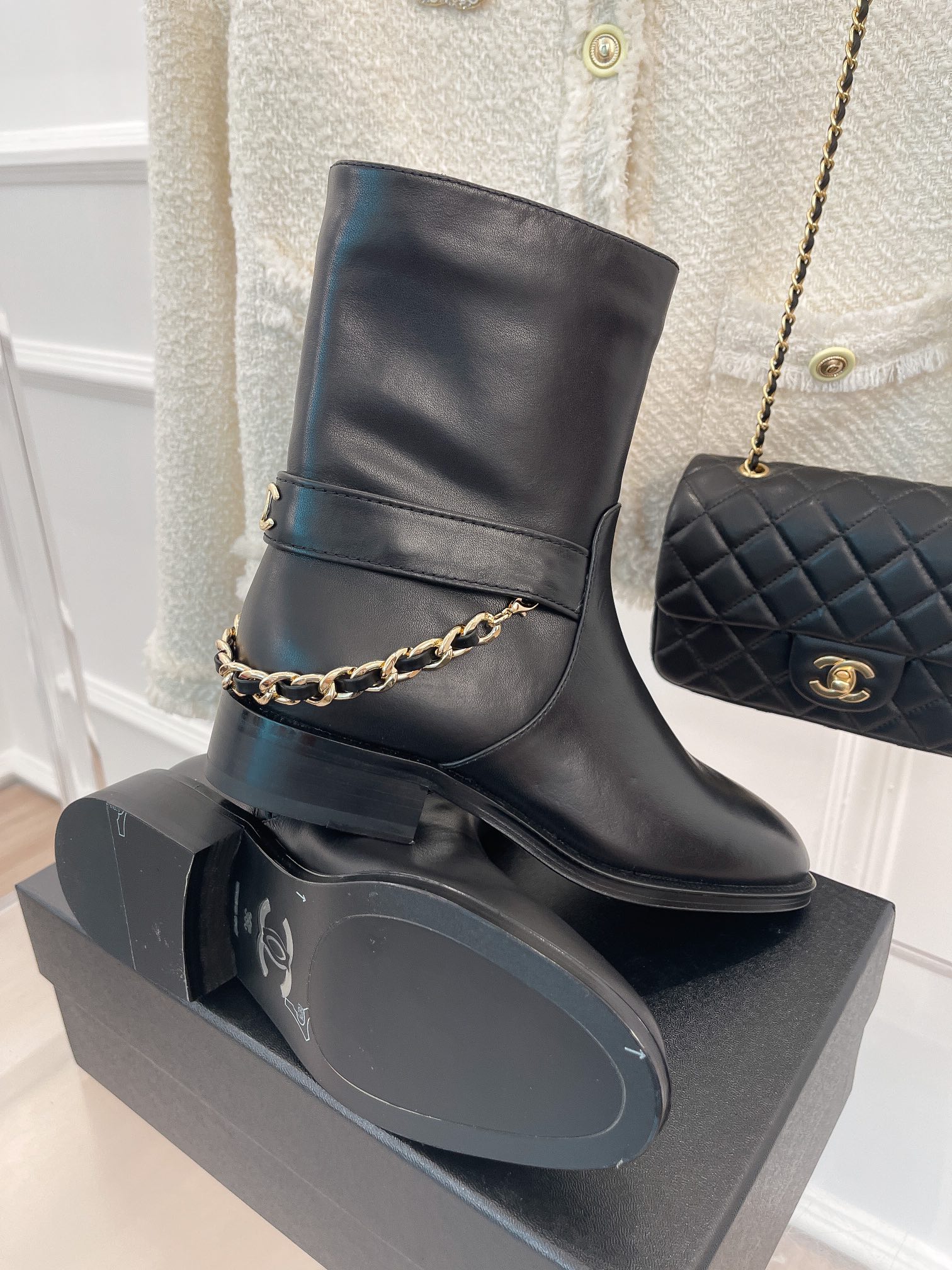 Ch**el Women’s Ankle Boots With Chain Black For Women 1.5in/4cm