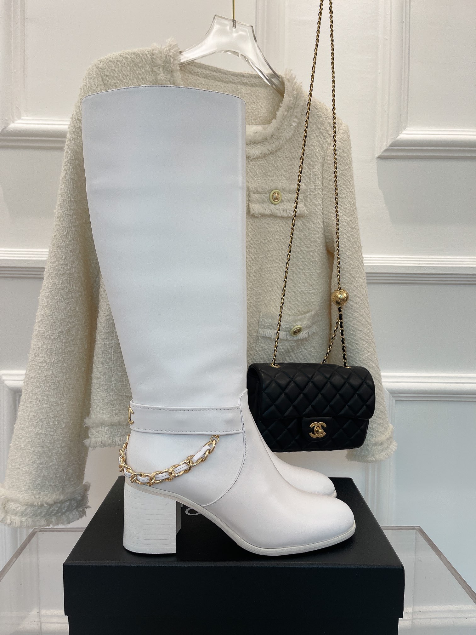 Ch**el Women’s High Boots With Chain White For Women 3.7in/ 9.5cm