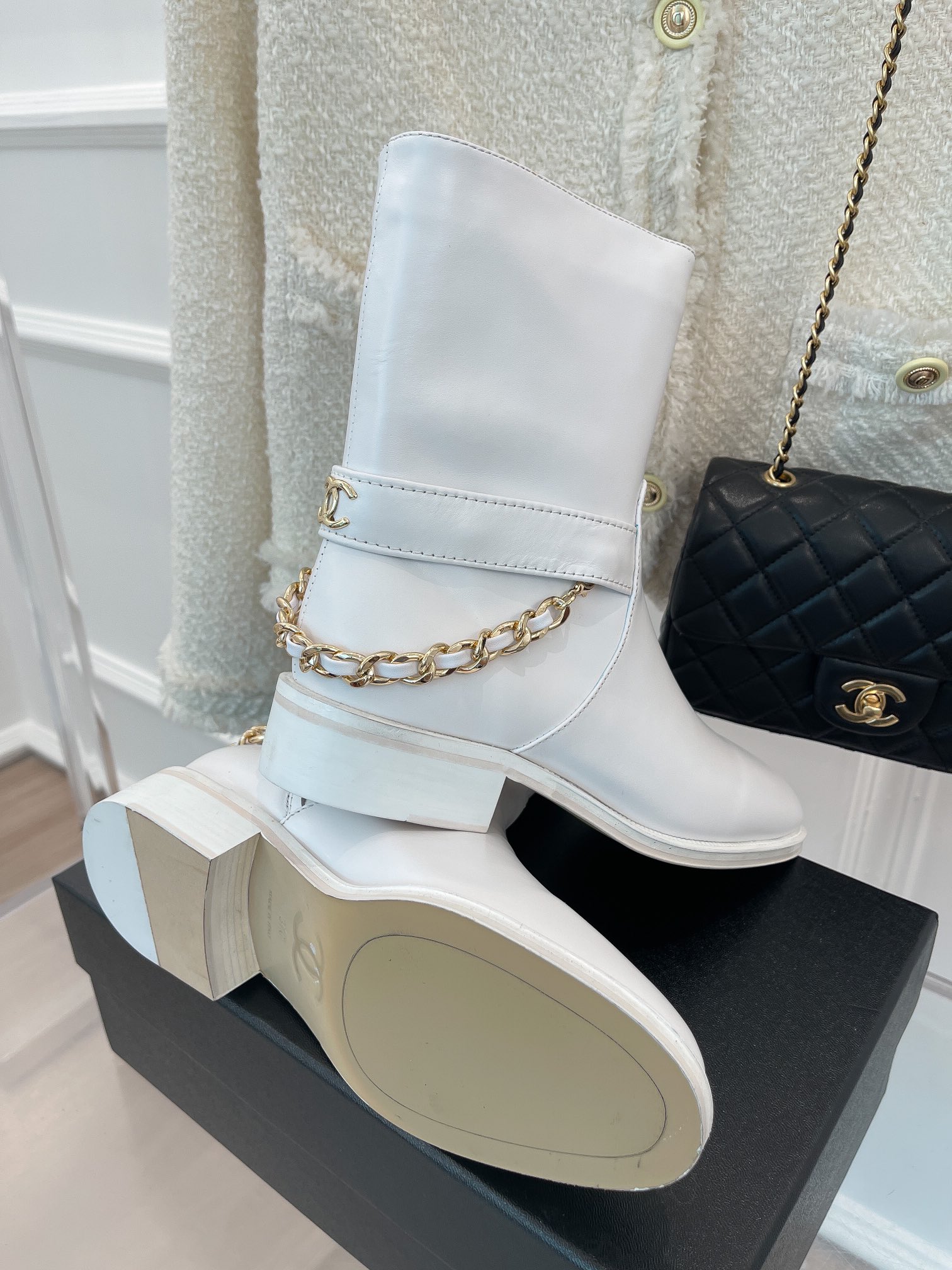 Ch**el Women’s Ankle Boots With Chain White For Women 1.5in/4cm