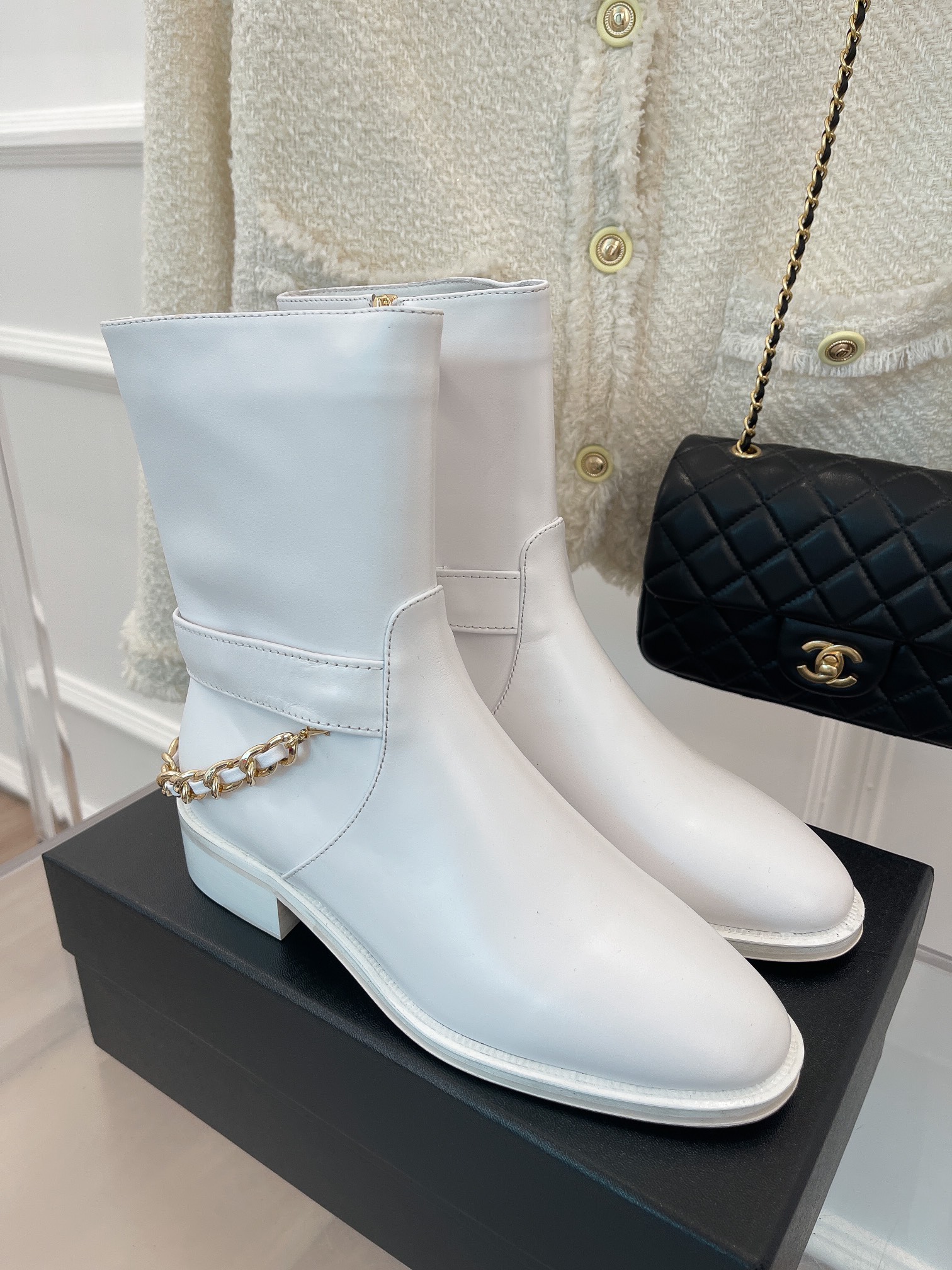 Ch**el Women’s Ankle Boots With Chain White For Women 1.5in/4cm