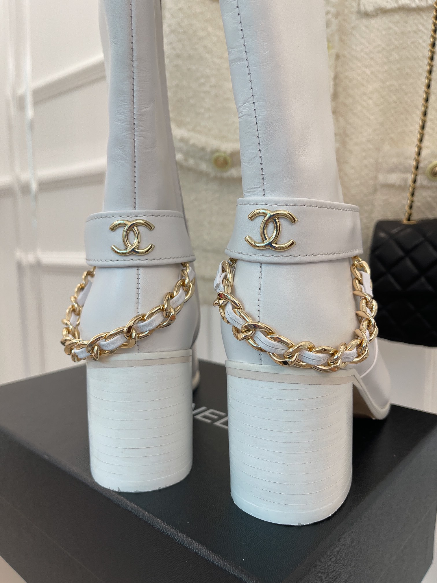 Ch**el Women’s High Boots With Chain White For Women 3.7in/ 9.5cm