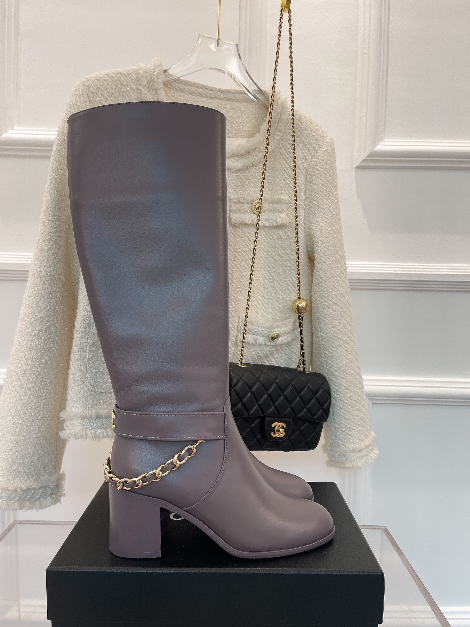 Ch**el Women’s High Boots With Chain Light Violet For Women 3.7in/ 9.5cm