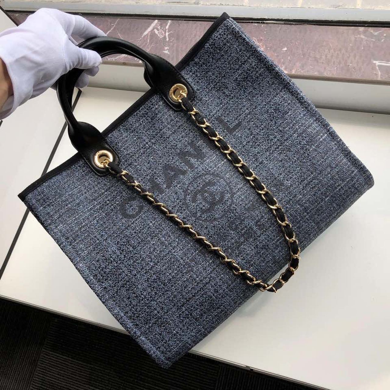 Ch**el Deauville Tote 38cm Blue/Black For Women A66941